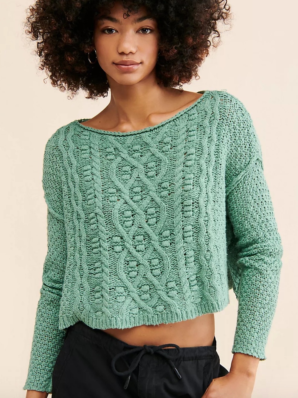 Free people green cable knit long sleeve cropped oversized sweater size XS